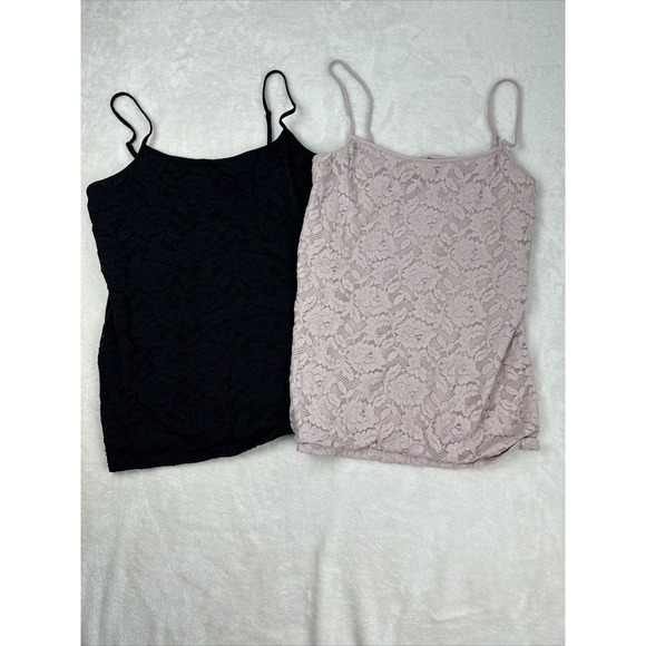 Pink Stitch Tops - 2 Ann Taylor Lace Overlay Camisole Tank Top Sleeveless Black Pink Women's XL